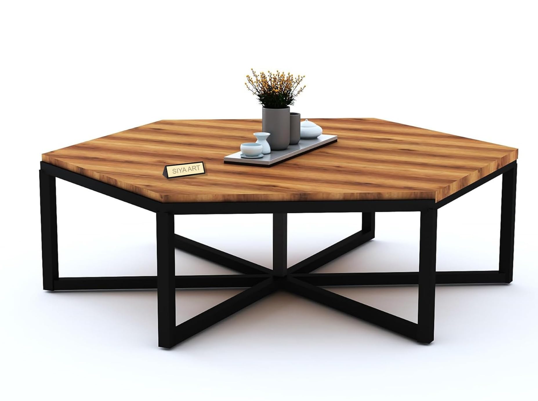 SIYA ART Hexagon Wooden Top Iron Frame Coffee Table with 6